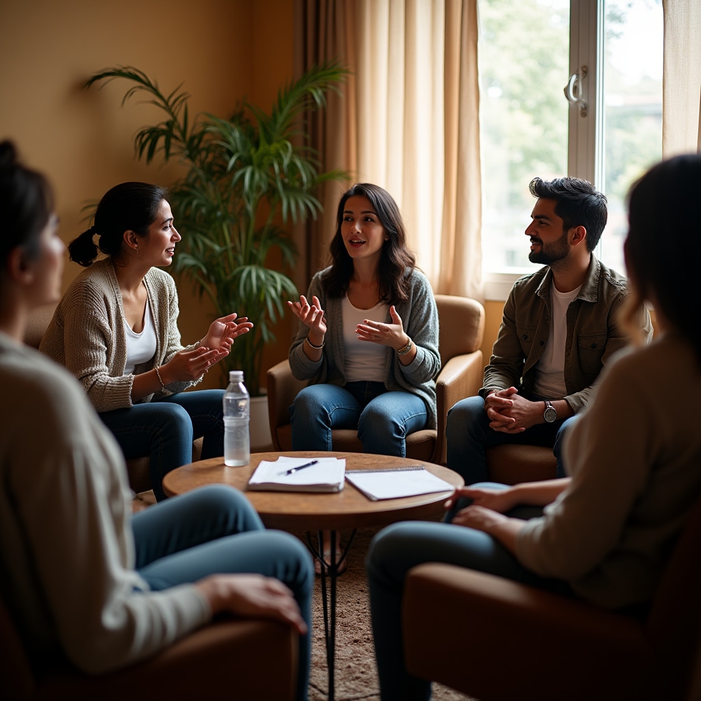 Small group of people having discussion in community setting