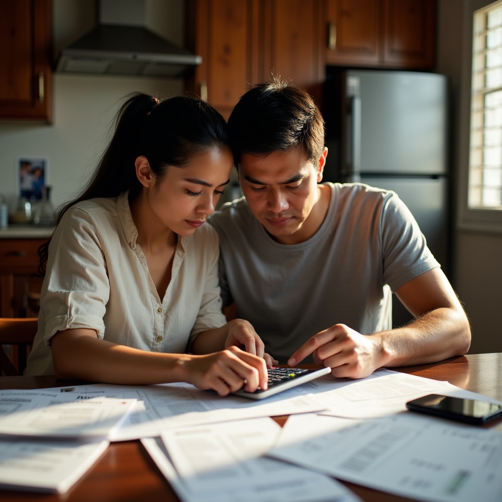 Young couple reviewing household budget together at home