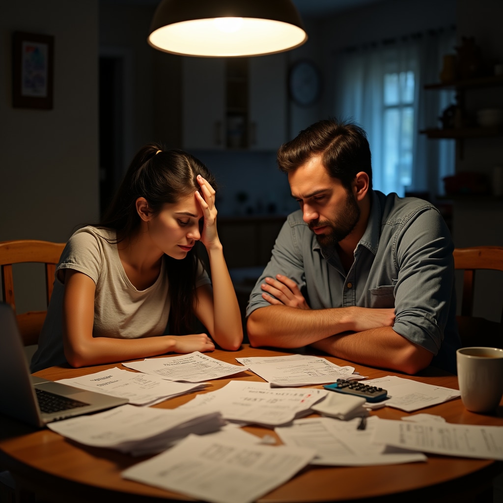 Parents looking concerned while reviewing household bills and expenses