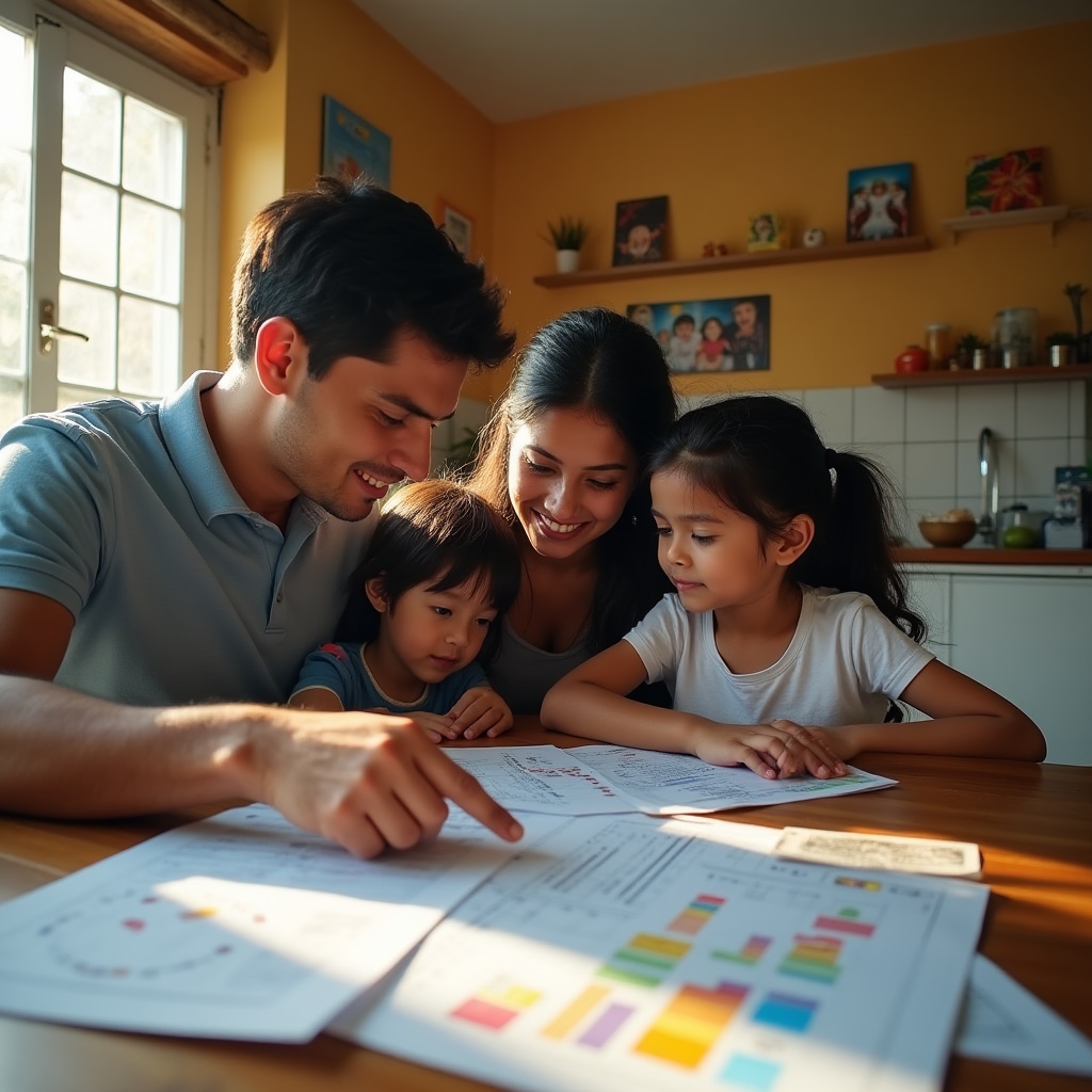 Young family looking at documents together planning their future